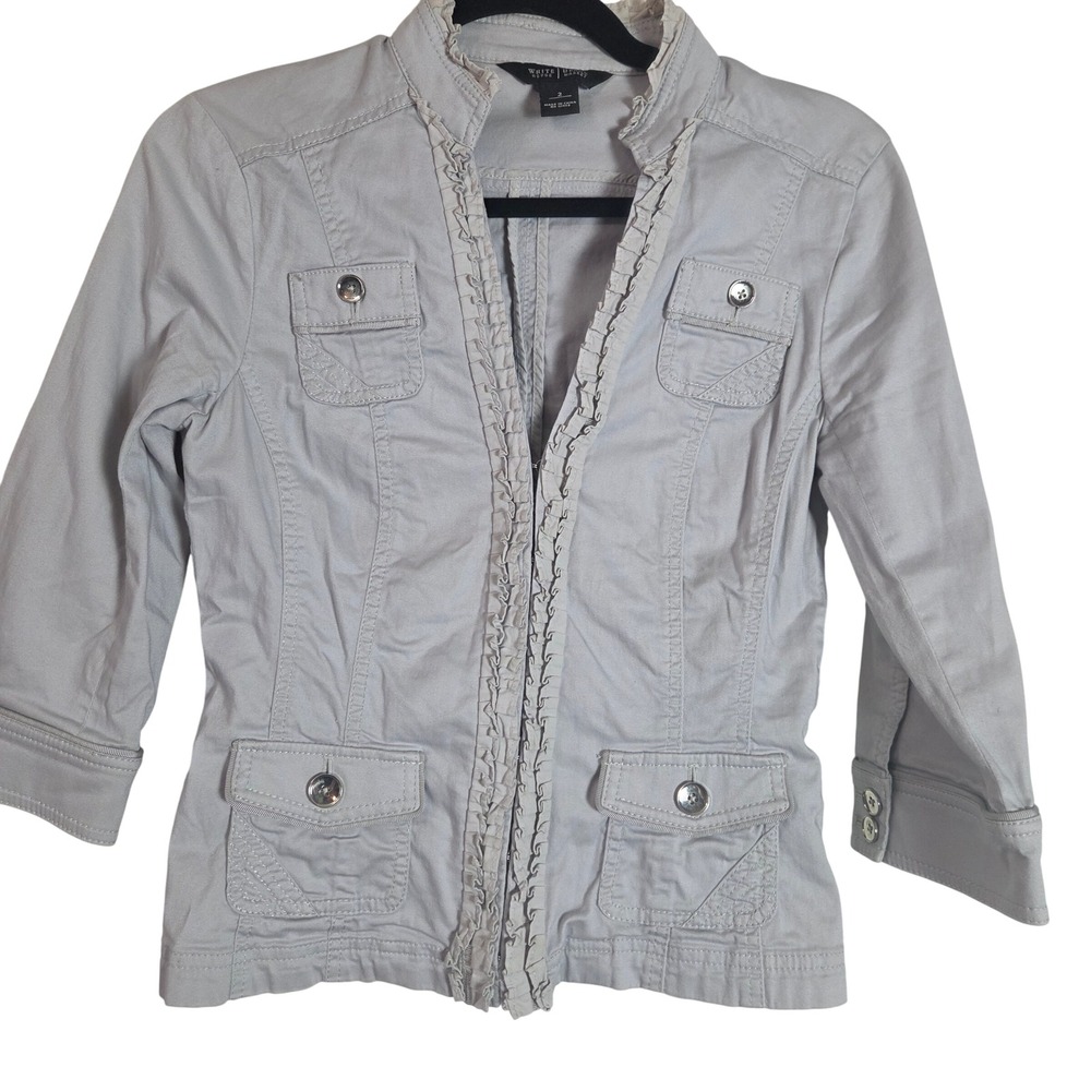 White House Black Market Y2K Utility Jacket Womens 2 Gray Ruffle Pocket 2000s